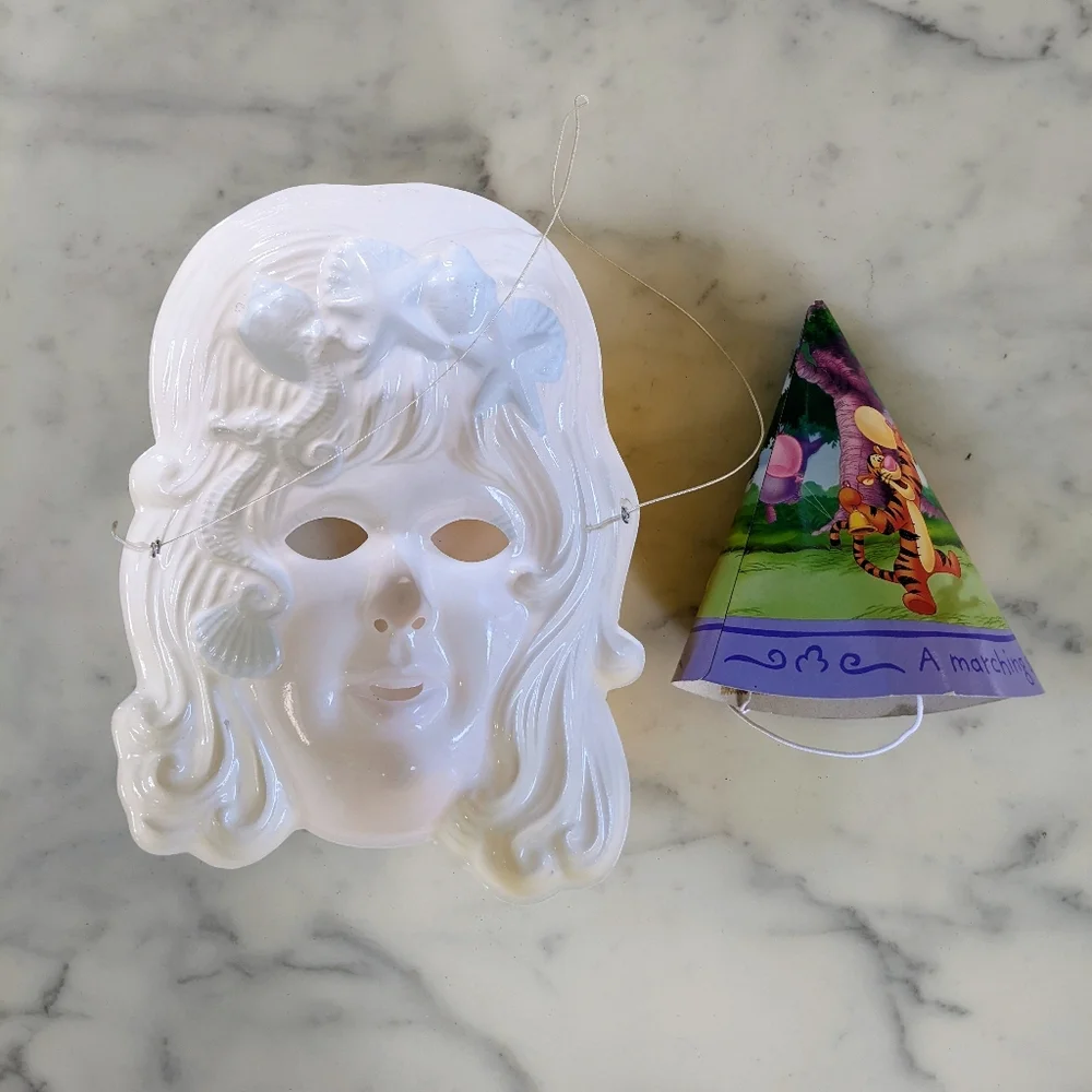 Vintage 1992 Halloween Little Mermaid Mask & Winnie the Pooh Cone Hat.